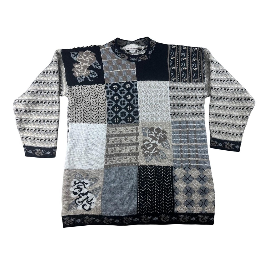 Vintage Laura Tyler Sweater Women L Multi Color Adele Knit Patchwork USA Indie